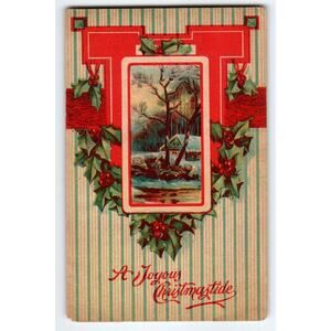 Vintage Christmas Postcard Winter Scene Holly Berries 5.5x3.5in
